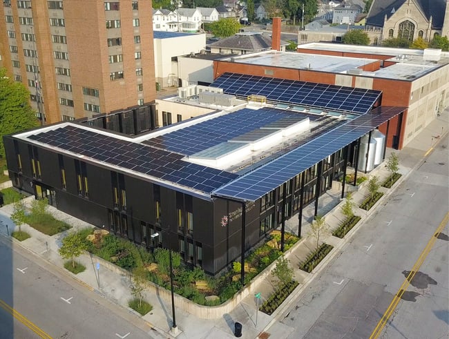 overhead shot of the Stanley Center for Peace and Security with solar panels