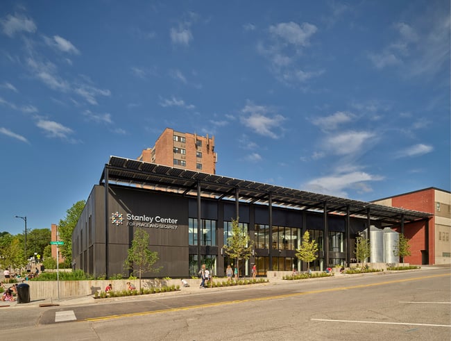 exterior of the Stanley Center with a solar overhang