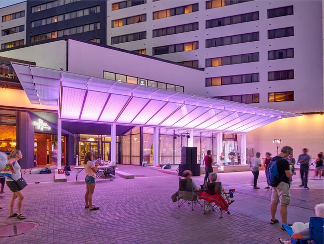 evening concert at the Weatherdance stage canopy in downtown Iowa City