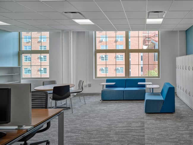 a student lounge in a renovated university building