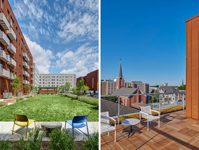 a shared green space and a rooftop gathering space at a residential development