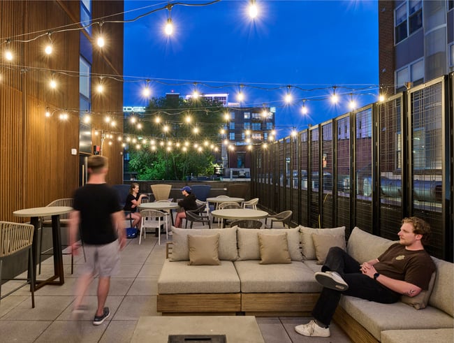 a rooftop terrace at a student living facility