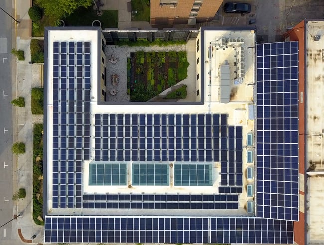 overhead shot of the Stanley Center showing solar panels and an urban agriculture plot