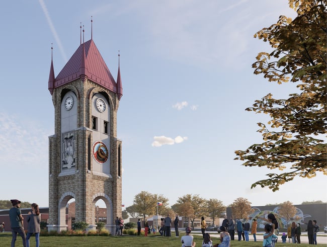 rendering of the NCSML Clock Tower with a group of spectators