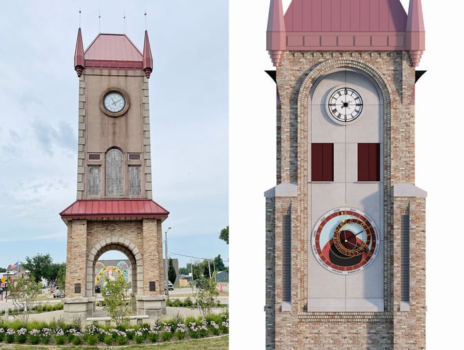 the current NCSML Clock Tower next to a rendering of the renovated structure