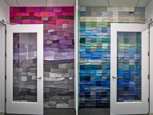 colorful fabric wall treatments at the Neumann Monson Iowa City studio