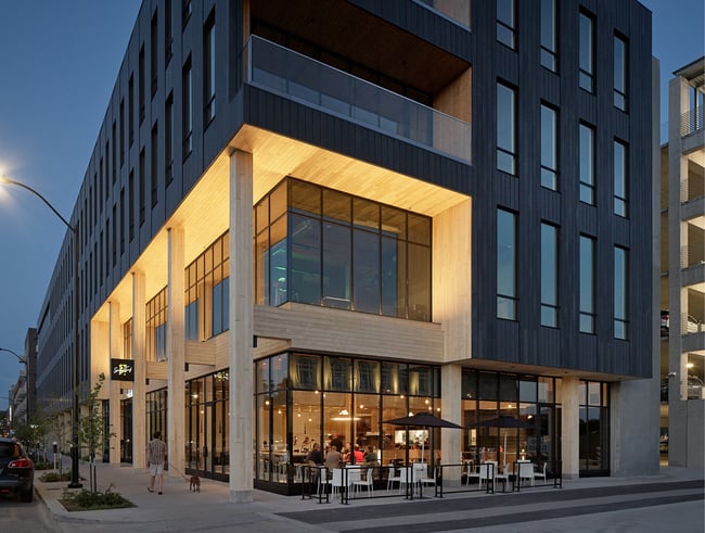 a mass timber building in Des Moines, IA