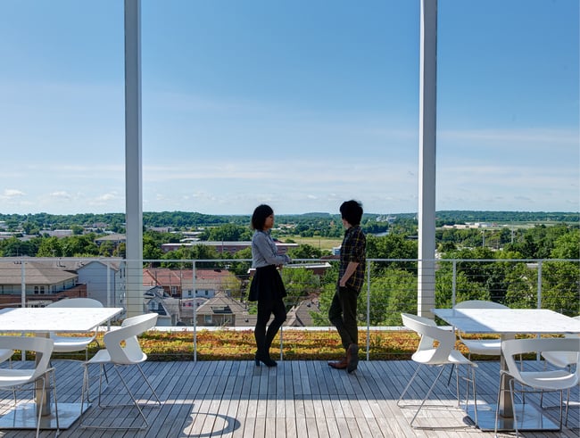 occupants gathered on a green roof