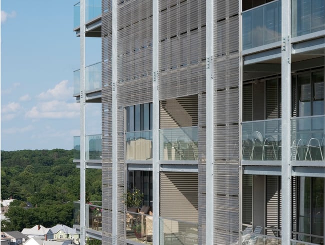 Exterior of Plaza Towers in Iowa City, a high-rise building