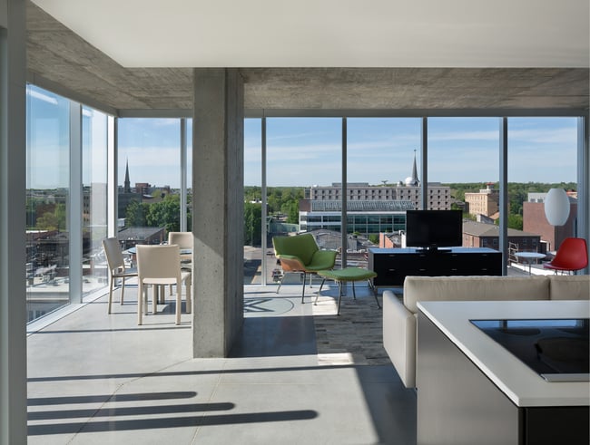 interior of a high-rise pent house apartment with views of the surrounding city