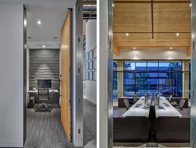 a private focus room and open bench seating in an office