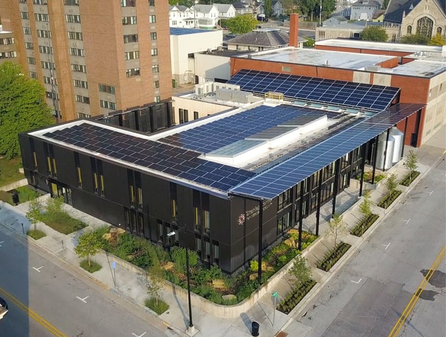 rooftop view of the Stanley Center with a solar array