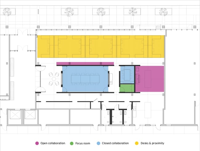 floorplan showing open office space, focus rooms, and collaboration spaces