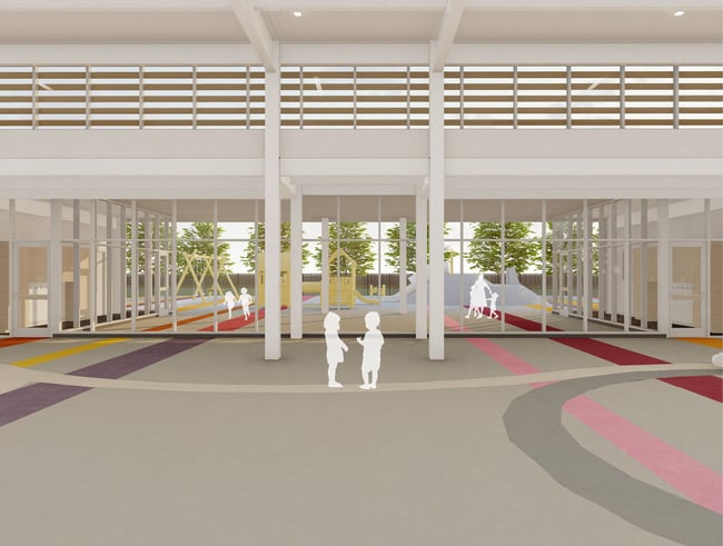 rendering of the covered play porch at the Pella Early Learning Center