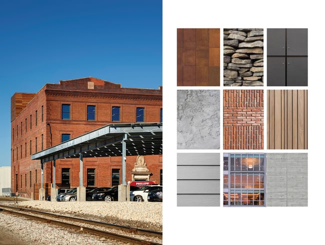 Market One in Des Moines next to a material palette for the surrounding area