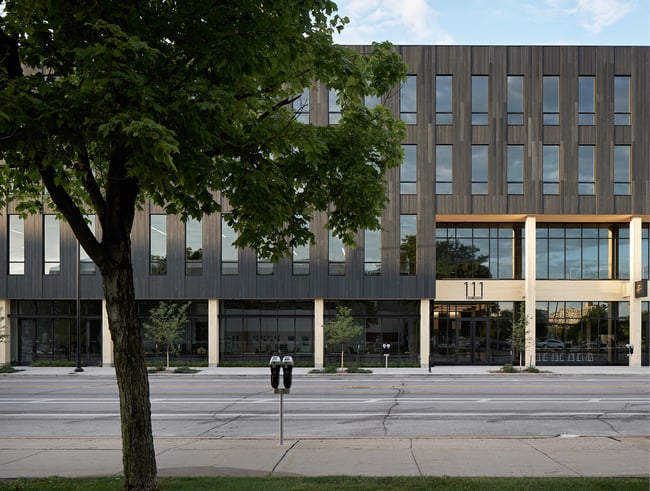exterior of 111 East Grand, a mass timber building in Des Moines