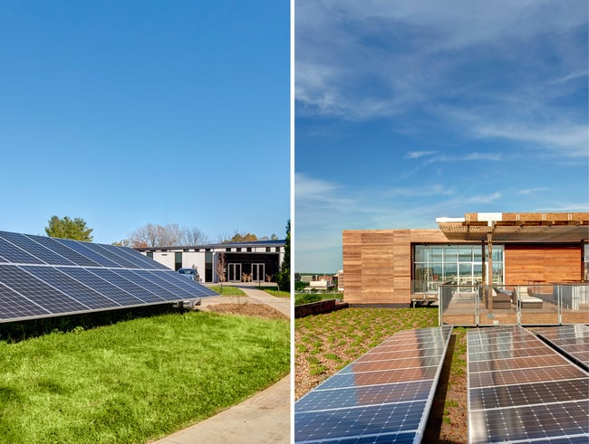 side-by-side of a ground-mounted and rooftop solar array