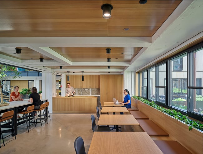 Interior of the Stanley Center with wood paneling, plants, and outdoor views