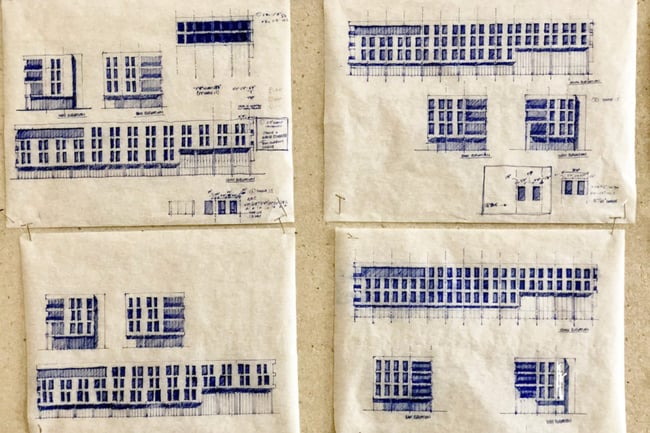 rough architectural sketches of a mixed-use building