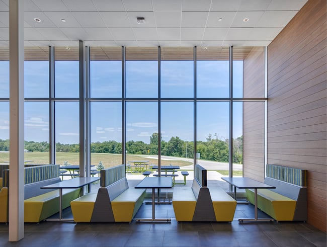 cafeteria in a K-12 school with a clear view of the outdoors
