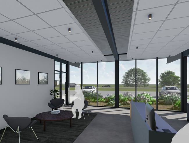 rendering showing the facility's office space, with desks away from windows
