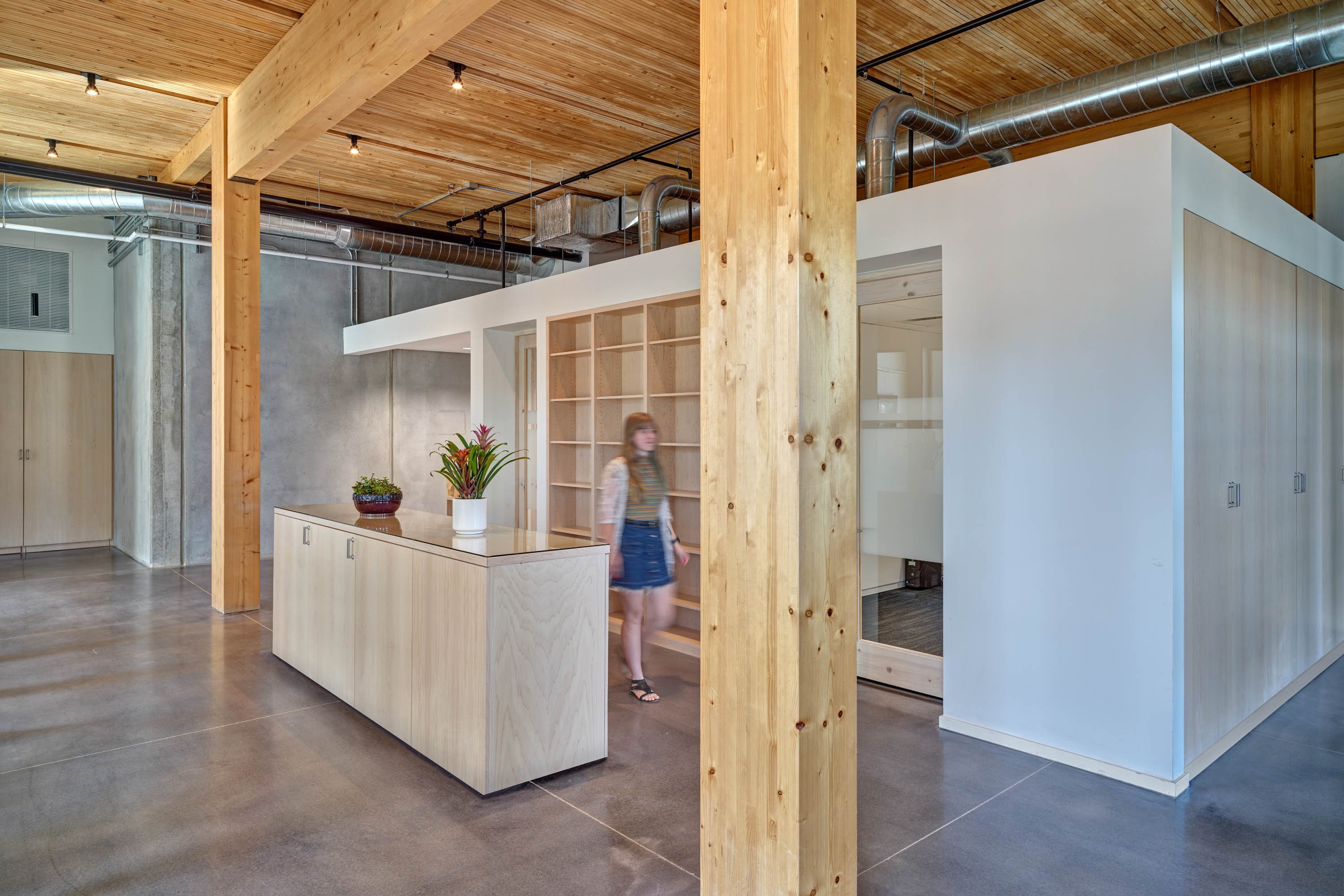 Interior of a mass timber building in Des Moines, Iowa