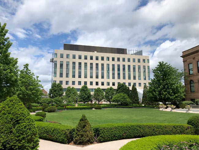 the courthouse under construction with landscaping complete