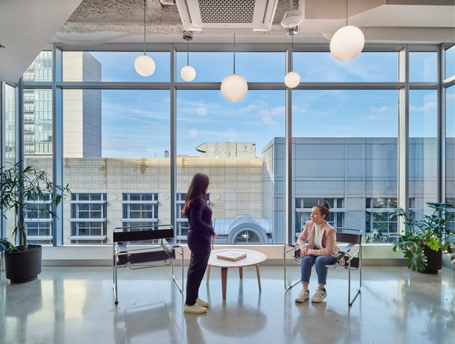 two employees in an office filled with natural daylight