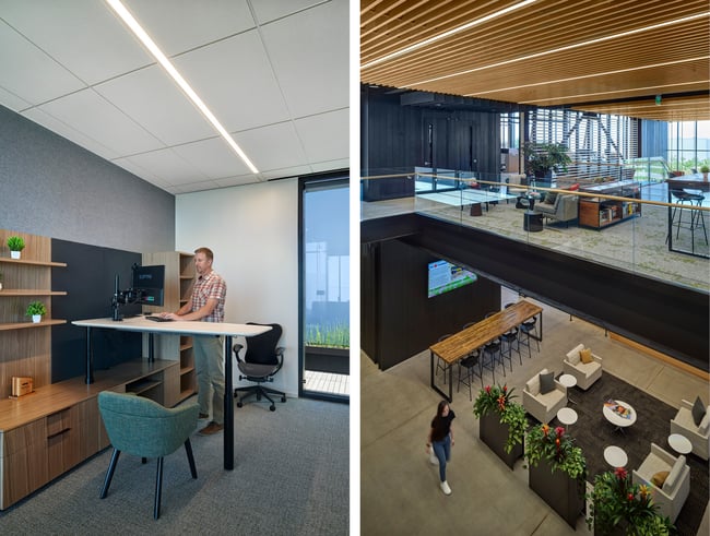 man at a standing desk and an open office with lounge seating 